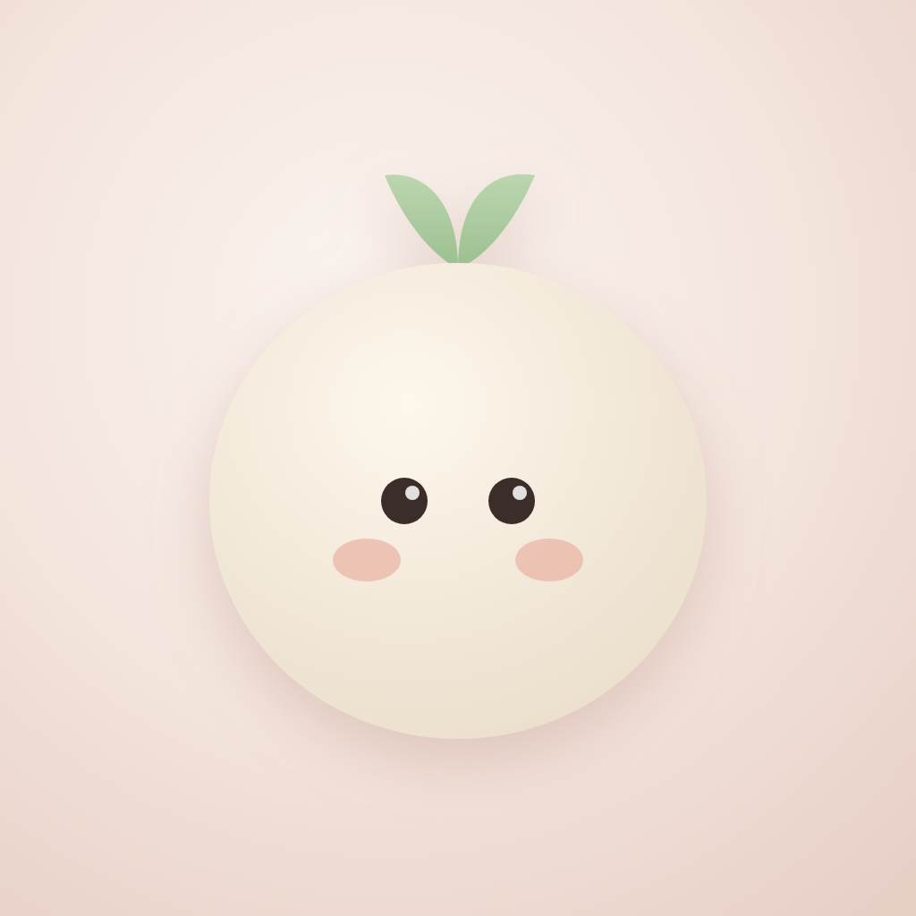 Nwilla icon: a softly glowing cream character with green leaves on a blush background.